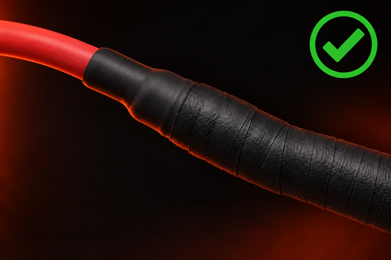 Cable de alto voltaje correctamente aislado con termoencogible y cinta autofundente, marcado con verificación verde